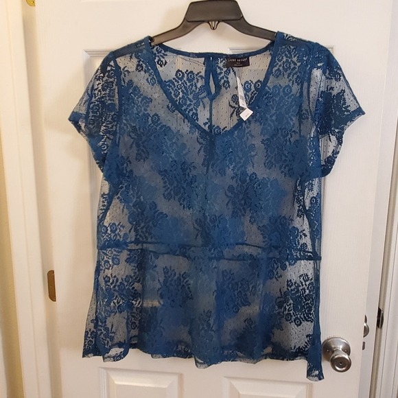 Lane Bryant Tops - Lane Bryant sz 18/20 sheer lace Teal‎ Blue short slv peplum top boho going out